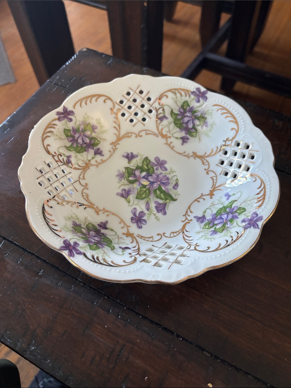 Vintage Reticulated Hand-Painted Porcelain Bowl w Purple Violets and Gold Trim